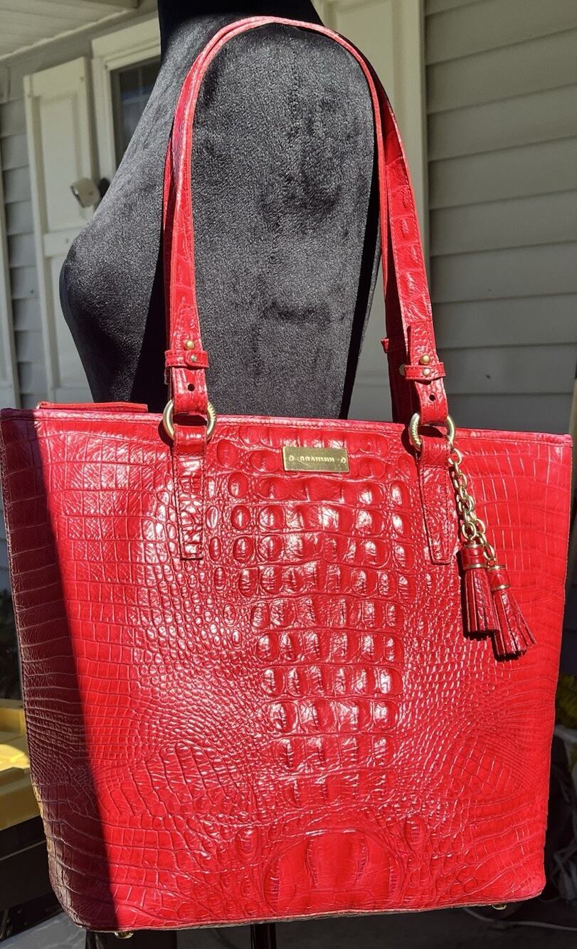 Brahmin Medium Asher Tote Red Melbourne Croc Embossed Leather Shoulder Bag